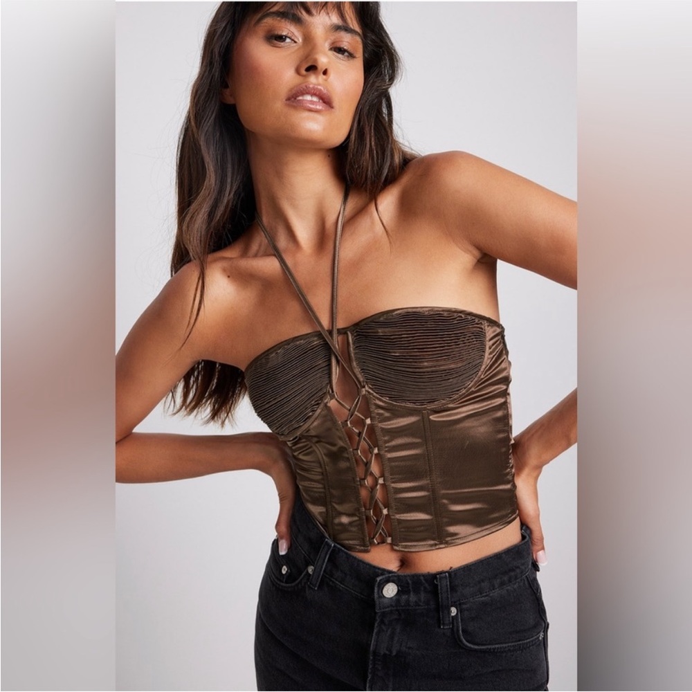 Na-kd Brown Satin Lace-Up Halter Top Y2K Festival Bohemian Romantic Dark